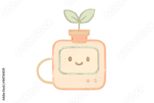 Cheerful Plant Monitor. A tiny "life support" plant health indicator with a smiling face, cozy pastel doodle colors, No text, No