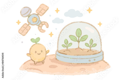 Space Farming Scene. A miniature space farming scene with cheerful seed, hydroponic dome, and orbital harvest tool, soft pastel