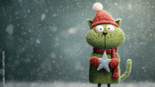 Animated green feline cartoon character, snow falling around it. Wearing red knitted hat, scarf, gloves, holding star decoration. Festive winter scene