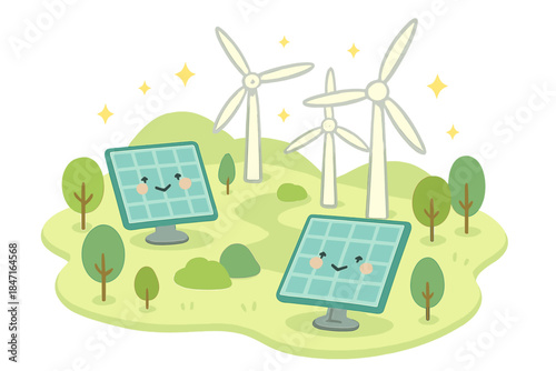Cheerful Energy District. A playful "renewable energy" district map with happy solar panels and wind turbines, tiny sparkles
