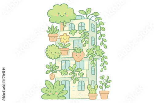 Cheerful Vertical Garden. A cheerful "vertical garden" skyscraper with smiling plants, soft pastel doodle style, No text, No