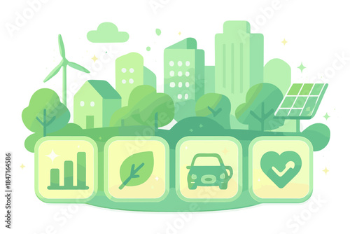Vibrant Green Dashboard. A happy green city dashboard glowing with tiny sparkling progress icons, soft harmonious pastel palette,