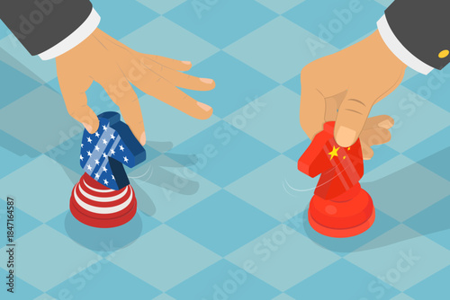 3D Isometric Flat Vector Illustration of China - USA Trade War, Playing Chess Pieces With USA And China Flag Designs.