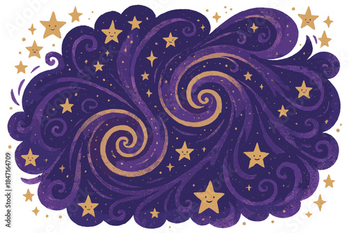 Cosmic Tapestry Dream. a grand cosmic tapestry unfurling with swirling destiny motifs and tiny smiling stars, violet and gold
