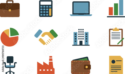 business and finance icons featuring calculator laptop handshake building and wallet symbols for corporate finance partnership and office management design