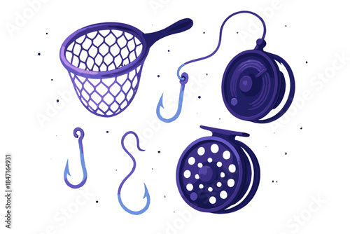 Dream Navigation Toolkit. a floating dream toolkit with glowing hooks, nets, and reels for navigating subconscious tides, midnight