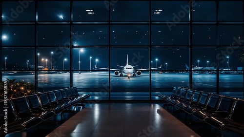 quiet late evening airport lounge offering view of departing aircraft