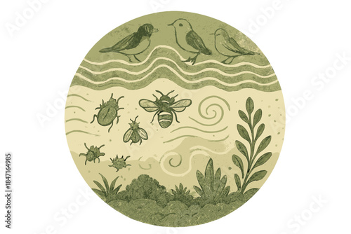 Biodiversity Sound Spectrum. a circular biodiversity meter displaying layers of bird songs, insect hums, and wind tones, moss and
