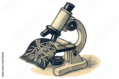 Microscope Examines Textiles. a small microscope examining fiber details from historical textiles under soft light, ivory and navy