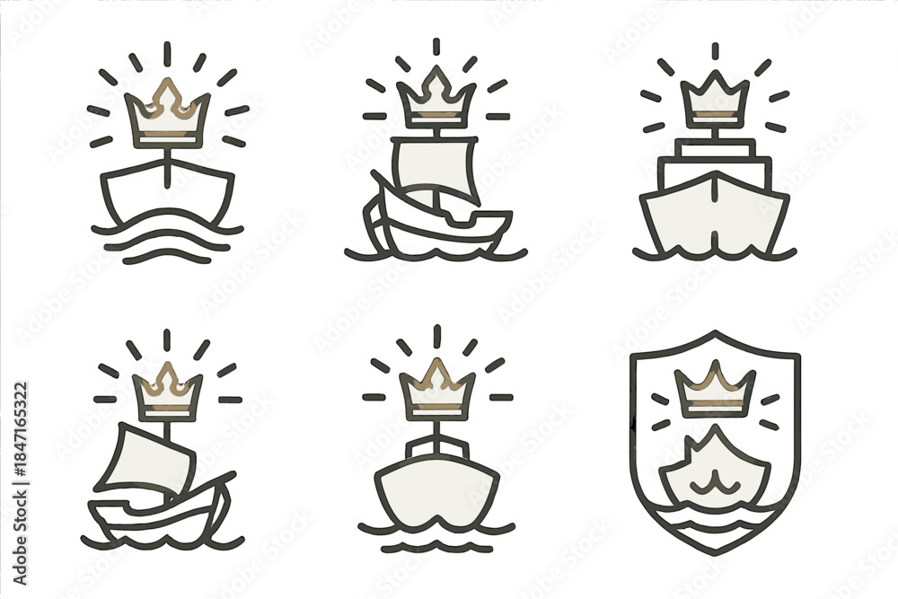 Fototapeta premium Radiant Ship Emblems. Icons for: radiant crowned ship emblems, glowing vessel silhouettes, shining royal fleet icons, luminous