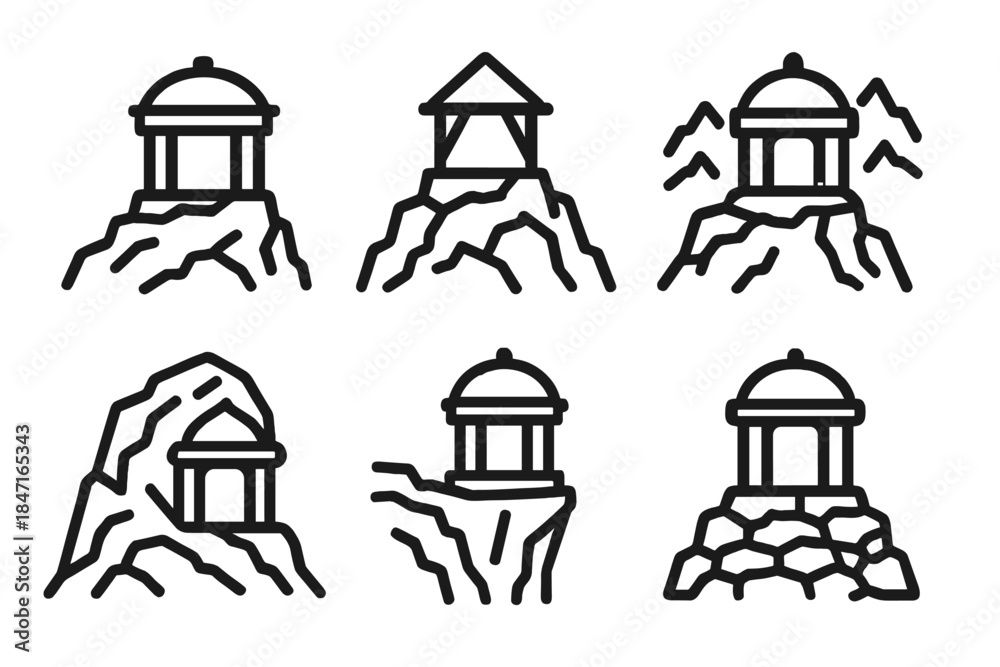 Fototapeta premium Rocky Terrace Icons. Icons for: rocky belvedere icons, elevated stone terrace symbols, mountainous viewpoint shelters, sculpted