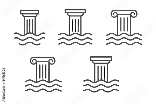 Buoyant Finance Icons. Icons for: buoyant pillar finance, floating column symbols of economy, ocean-supported fund posts,