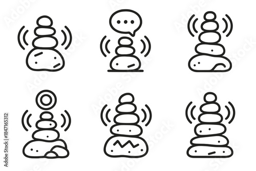 Sound Wave Rock Icons. Icons for: ringing rock pile messages, echoing cairn signals, chiming stone clusters, sonic mound