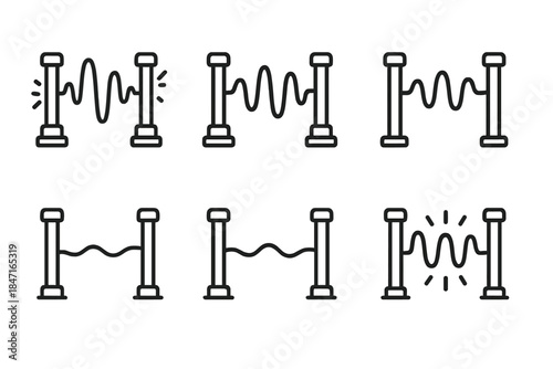 Vibrant Security Icons. Icons for: lively security pillars, animated protection columns, rhythmic defense posts, flowing safety