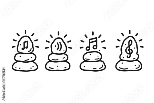 Luminous Sound Symbols. Icons for: luminous sound-stone symbols, glowing rock frequency icons, radiant musical cairns, bright
