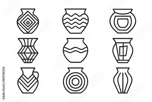 Geometric Pottery Icons. Icons for: geometric illusion pottery icons, linear ceramic mirage symbols, abstract clay distortion