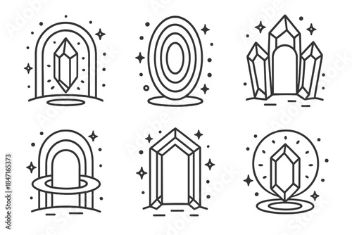 Crystalline Entry Icons. Icons for: crystalline vestibule auras, clear portal lights, radiant mineral thresholds, transparent