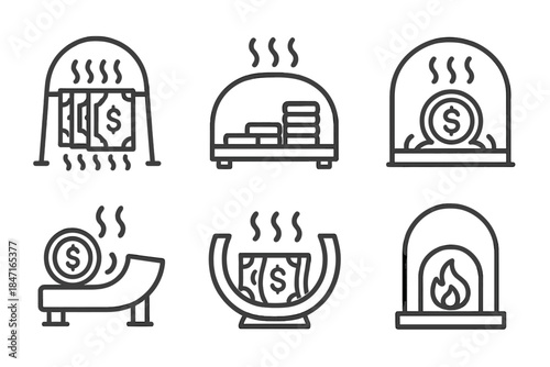 Currency Dryer Icons. Icons for: arched currency dryers, vaulted money heaters, bent coin evaporators, heat-curved minting arcs,