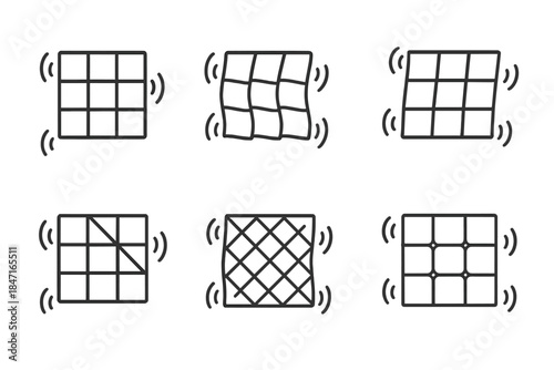 Vibrating Tile Patterns. Line vector icons of vibrating tile patterns: oscillating square grids, shaking ceramic outlines,