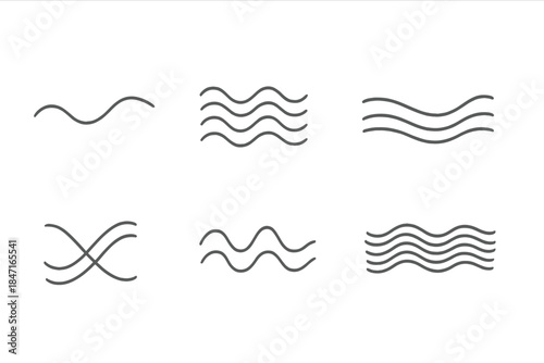 Muted Wave Symphony. Line vector icons of muted wave symphony: blended flow arcs, quiet harmony ripples, low-tone undulation lines