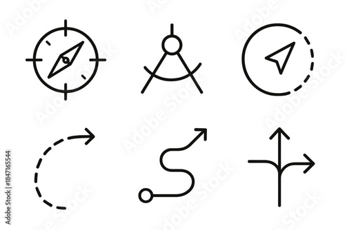 Vector Navigation Elements. Line vector icons of advanced course corrections: precise compass pivots, accurate navigation arcs,