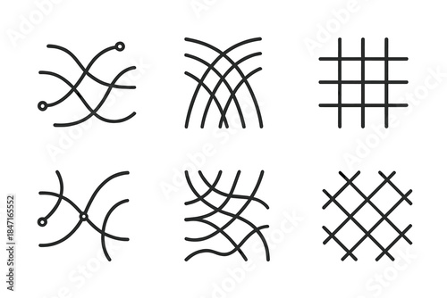 Exploratory Thread Patterns. Line vector icons of exploratory thread patterns: networked travel strands, bound motion fabrics,