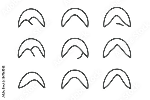 Graceful Peaks Icons. Line vector icons of a soft pinnacle with embracing arcs: tender mountain crowns, rounded top curves,
