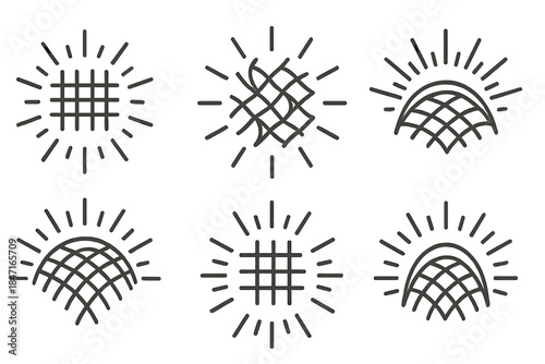 Radiant Woven Patterns. Line vector icons of a shining weave that attracts: radiant thread grids, luminous woven patterns, glowing