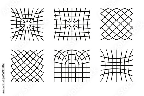 Luminous Thread Patterns. Line vector icons of luminous thread patterns: radiant weave grids, glowing textile outlines, shimmering