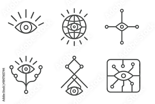 Radiant Vision Pathways. Line vector icons of radiant vision pathways: glowing seeing arcs, luminous travel grids, balanced