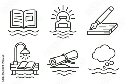 Creative Harbor Icons. Line style icons of a harbor of ideas: open notebook floating on waves, ink bottle reflecting sunrise,