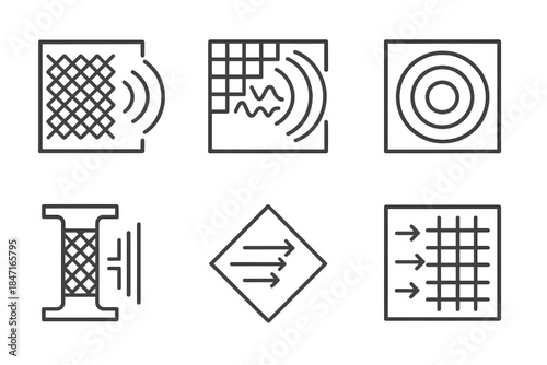 Acoustic Lattice Icons. Line style icons of an acoustic lattice design: repeating mesh absorbing frequencies, grid wall with