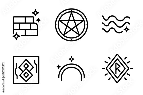 Resonant Barrier Icons. Line style icons of resonant barrier marks: protective wall, magical circle, frequency lines, carved glyph