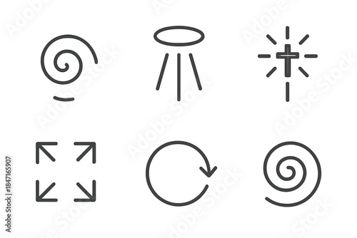 Ethereal Energy Spirals. Line style icons of innovative eddy sanctification: rotating form, energy halo, holy light lines, inward