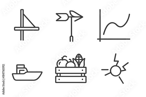 Nautical Boom Icons. Line style icons of nautical boom yield: mast connection, wind indicator, data curve, harvest crate, ship