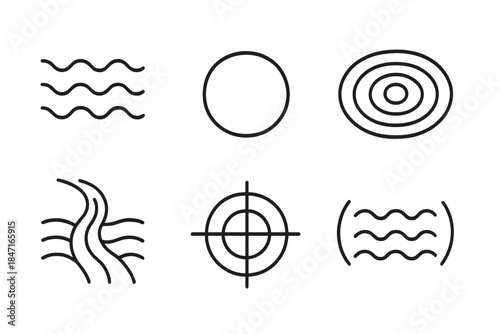 Quivering Flow Icons. Line style icons of quivering flow: fluid motion, centered circle, ripple pattern, vibration marks,