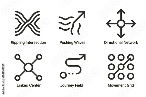 Motion Path Icons. Line style icons of motion passage point: rippling intersection, pushing waves, directional network, linked