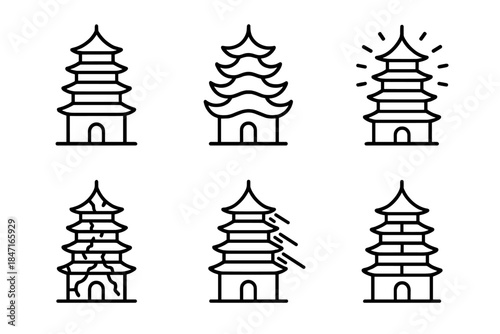 Refracting Pagoda Icons. Line style icons of refracting pagoda: layered tower, curved prisms, glowing tiers, broken texture, light