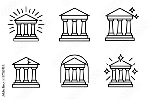 Luminous Ancient Structure Icons. Line style icons of luminous aged structure: radiant beam, antique outline, spectral reflection,