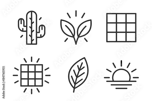 Luminous Cactus Icons. Line style icons of luminous arid-botany grid: geometric cactus, shining leaves, mesh layout, radiant