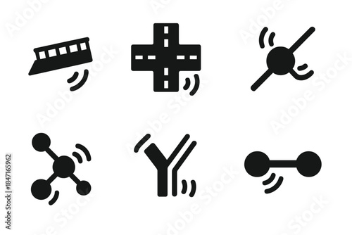 Kinetic Travel Icons. Solid style icons of kinetic travel points: tilting passage, swaying intersection, lurching node, wobbling