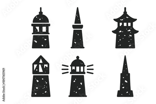 Vintage Optical Towers. Solid style icons of vintage optical towers: oxidized apex, worn-out spire, patinated pagoda, rainbow