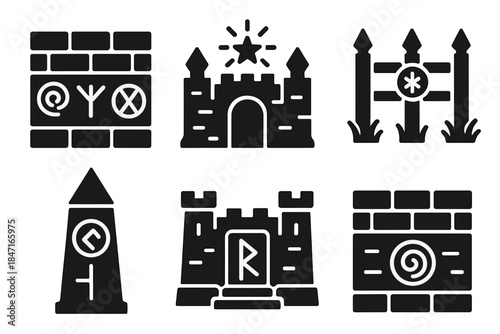Ancient Structure Icons. Solid style icons of ancient symbol structures: glyph wall, enchanted bulwark, mystical fence, sigil