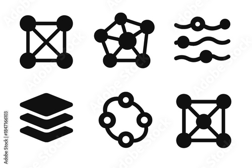 Philosophical Logic Networks. Solid style icons of philosophical networks: connected logic nodes, interlinked thought webs,
