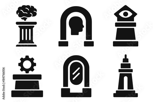 Mental Architecture Icons. Solid style icons of mental architecture: thought-stone column, intellect archway, perception monument,