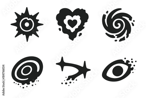 Icons of Cosmic Impermanence. Solid style icons of cosmic impermanence: dying star core, fading nebula heart, collapsing galaxy