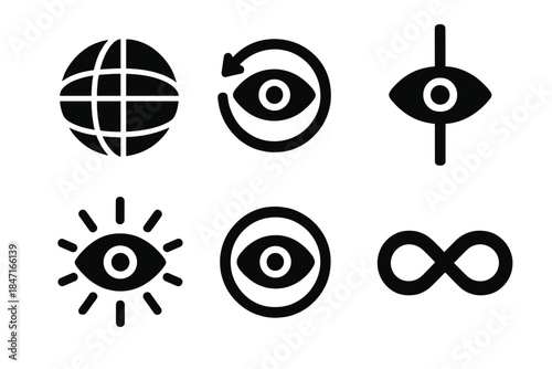 Universal Vision Icons. Solid style icons of universal vision: complete perception globe, rotating clarity lens, all-seeing axis,