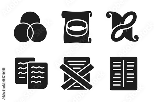 Synthesis Unity Icons. Solid style icons of synthesis and unity: overlapping data circles, fusion manuscript ring, connected