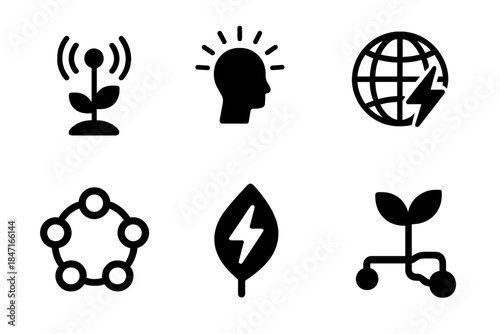 Renewal Network Icons. Solid style icons of renewal networks: distant seed signal, radiant youth connection, far-spread energy