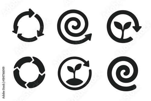 Conceptual Regeneration Icons. Solid style icons of conceptual regeneration: reform loop, rebirth spiral, renewed cycle arc,